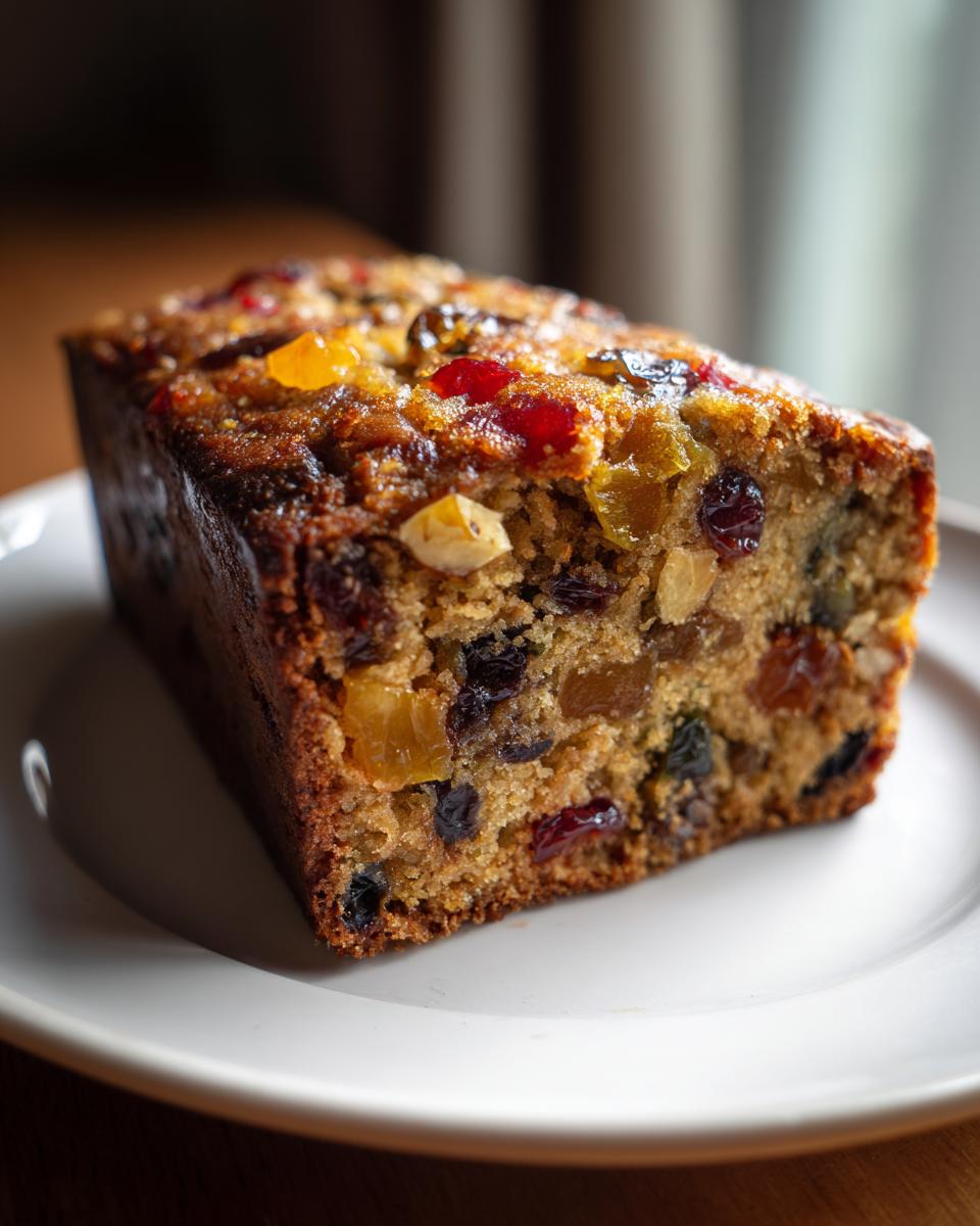 Close-up of a moist slice of fruit cake packed with colorful dried and candied fruits and nuts.