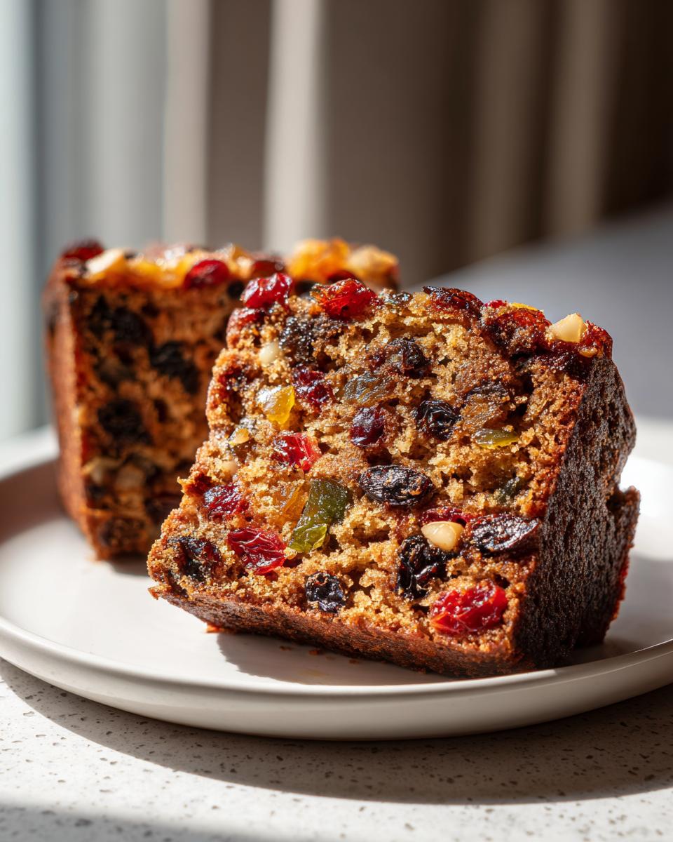 Close-up of a moist slice of fruit cake showing rich texture packed with colorful dried fruits and nuts.