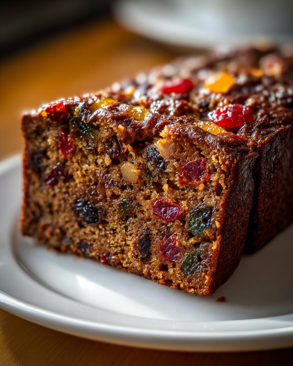 Close-up of a moist slice of fruit cake packed with colorful candied fruits and nuts.