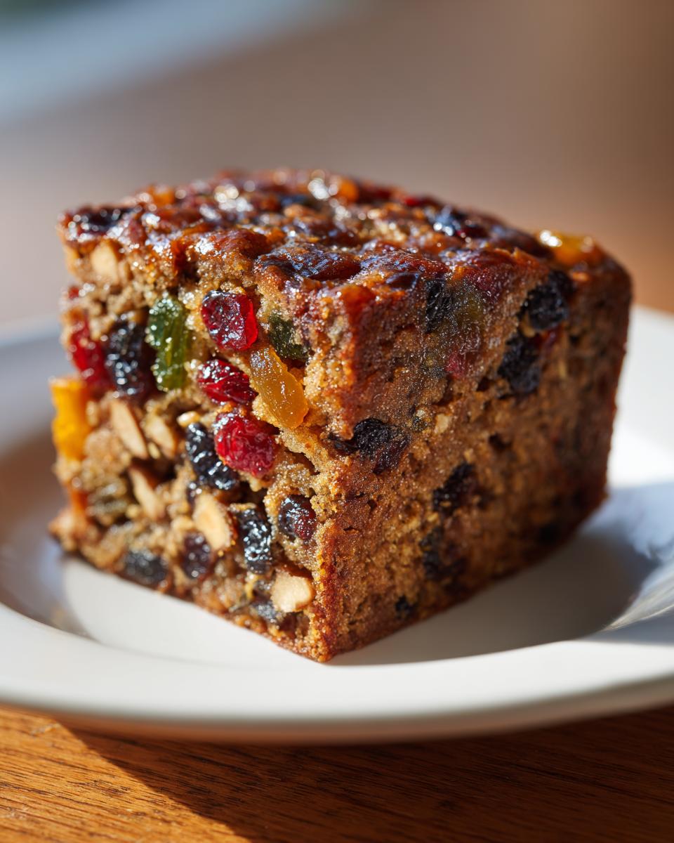Close-up of a moist slice of fruit cake packed with dried and candied fruits and nuts, sitting on a white plate.
