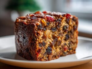 Close-up of a thick, moist slice of homemade fruit cake packed with dried fruits and nuts.