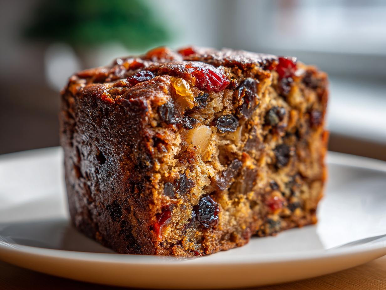 Close-up of a thick, moist slice of homemade fruit cake packed with dried fruits and nuts.