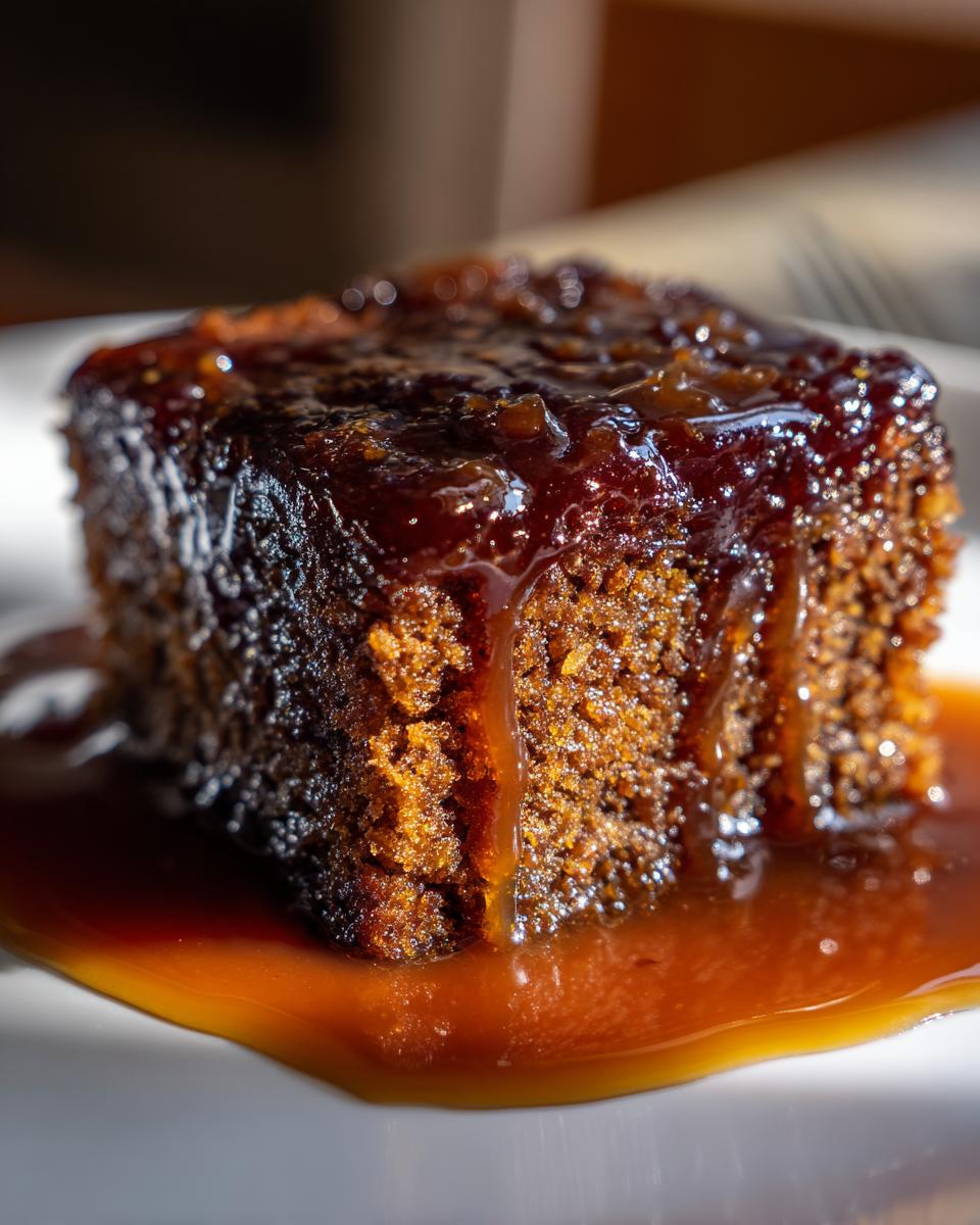 Close-up of a square slice of moist sticky toffee pudding drenched in rich toffee sauce.