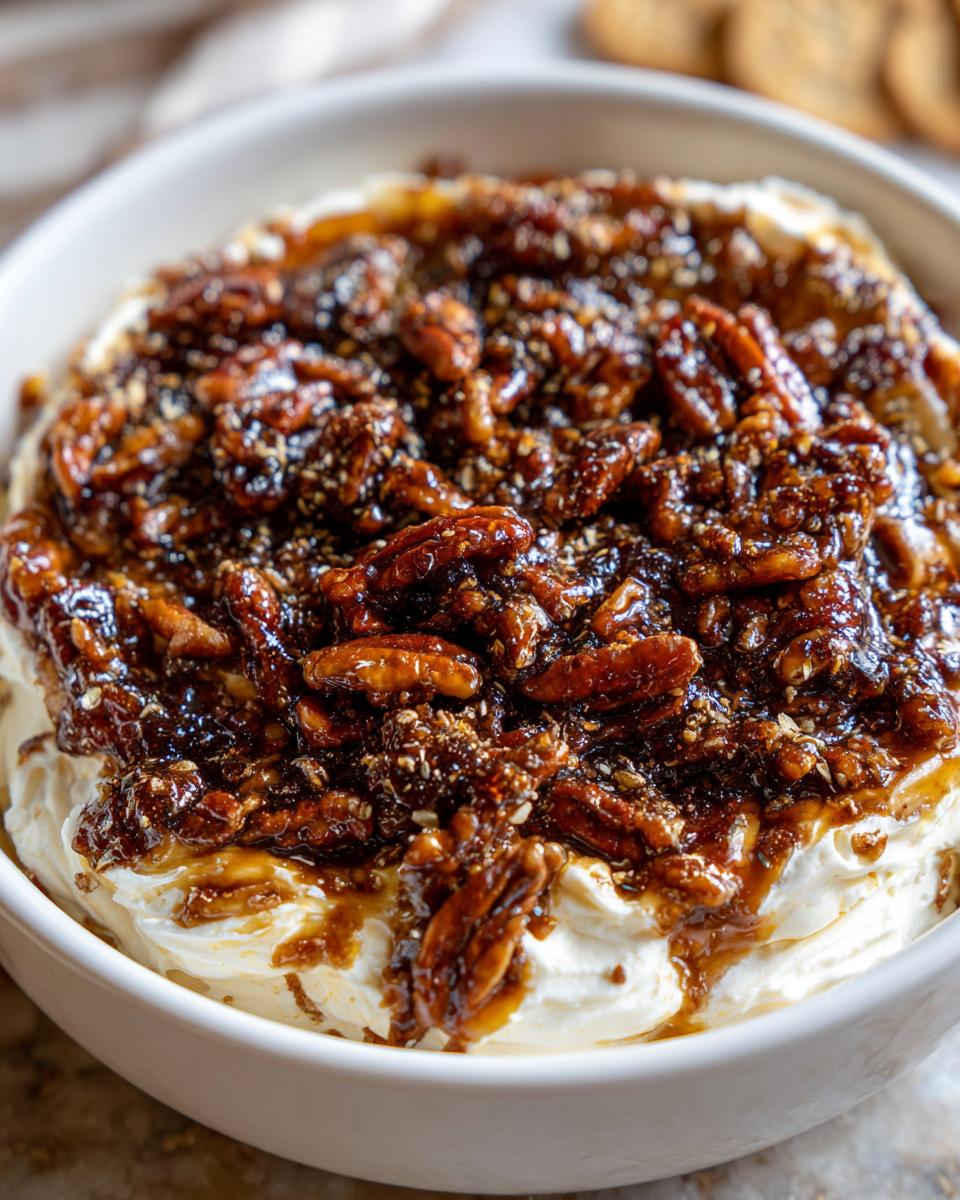 A close-up of creamy no-bake pecan pie dip topped with a thick, glossy layer of candied pecans.