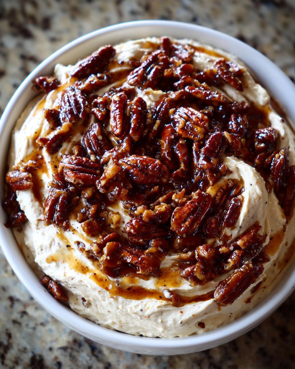 A close-up overhead view of creamy no-bake pecan pie dip topped generously with candied pecans and caramel drizzle.