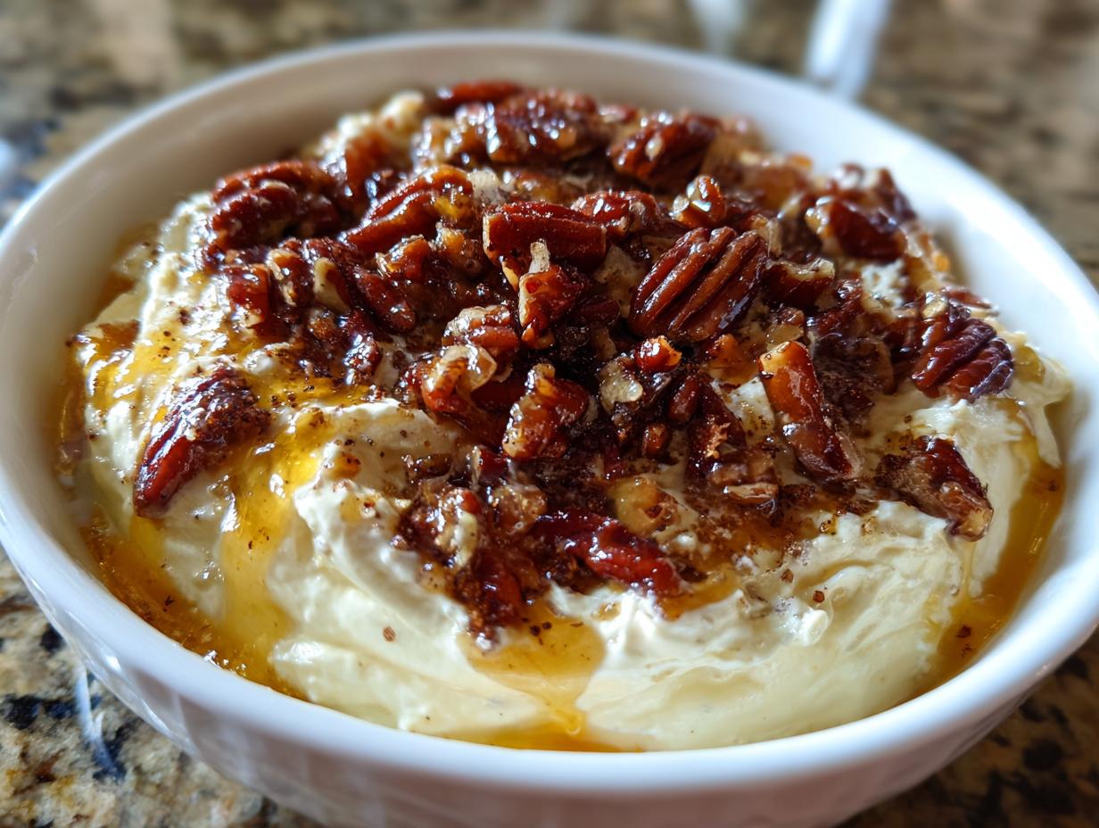 A close-up of creamy, no-bake pecan pie dip topped generously with candied pecans and drizzled with syrup.