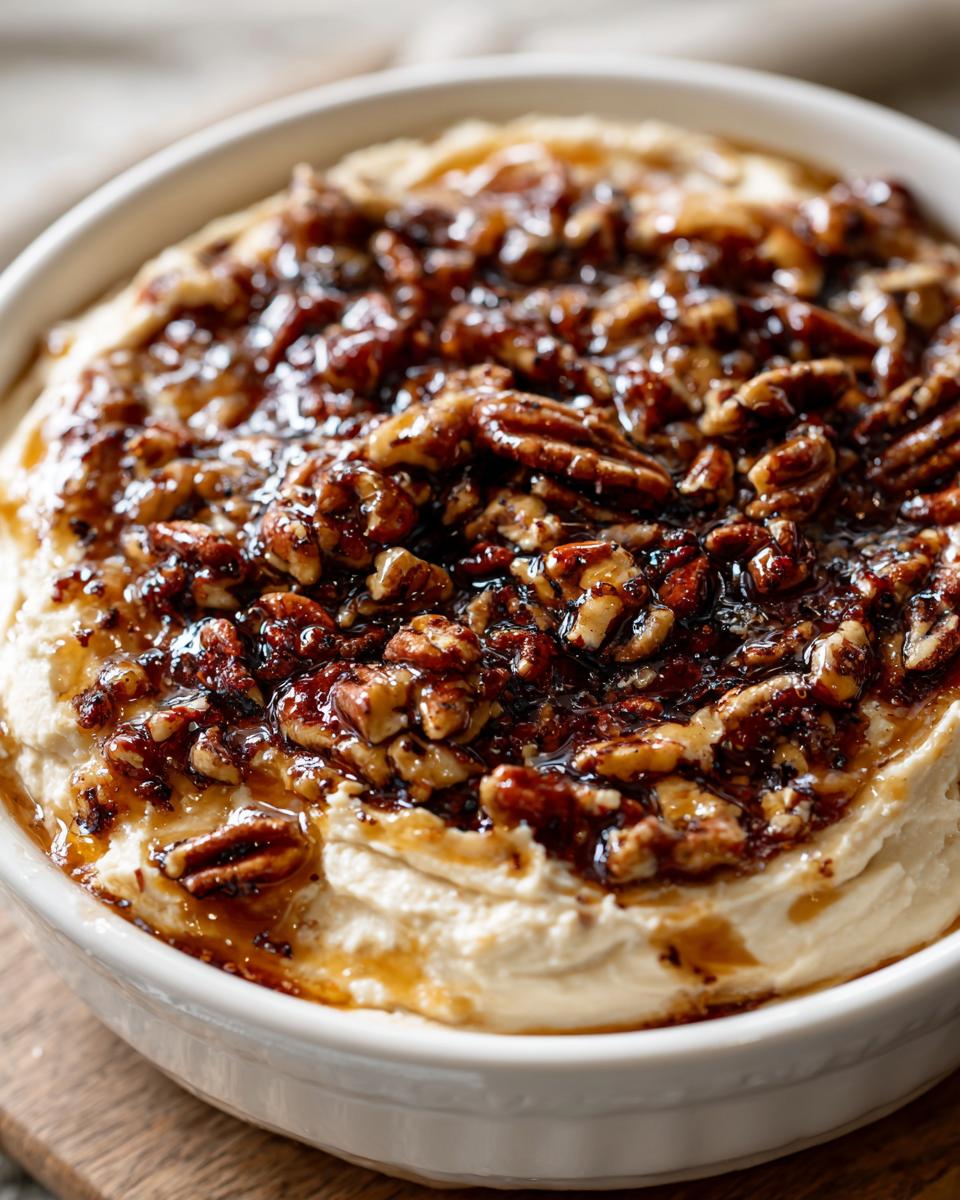 A creamy, no-bake pecan pie dip topped generously with glazed pecans and caramel sauce in a white serving bowl.