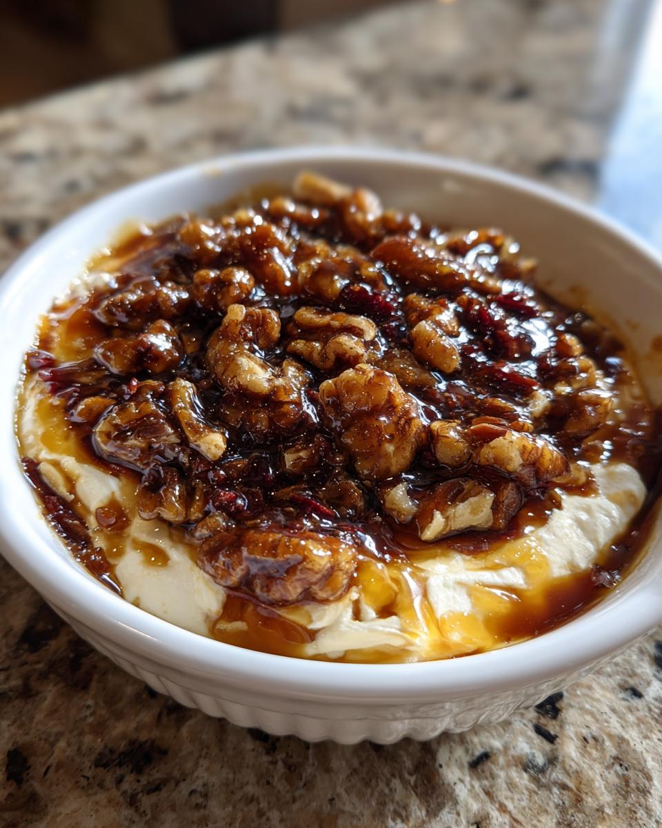 Close-up of a creamy no-bake pecan pie dip topped generously with a sticky, dark glaze and walnuts.