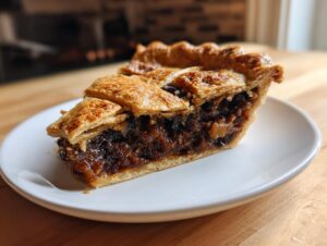 Close-up of a thick slice of old fashioned mincemeat pie showing rich, dark filling and a golden, flaky lattice crust.
