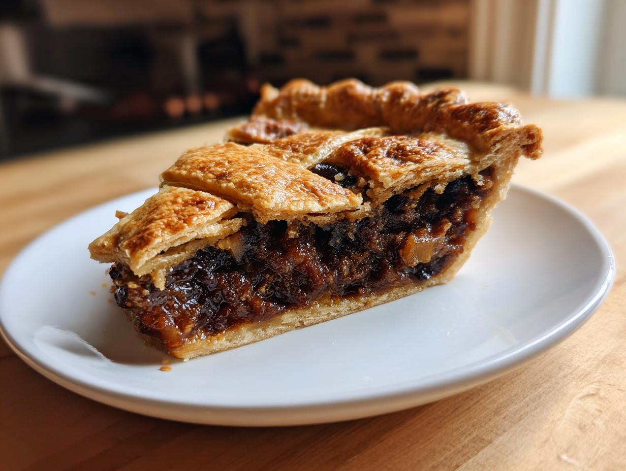 Close-up of a thick slice of old fashioned mincemeat pie showing rich, dark filling and a golden, flaky lattice crust.