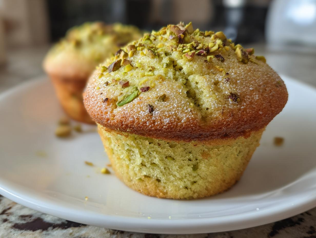 Close-up of a freshly baked pistachio muffin topped with chopped pistachios and sugar crystals.