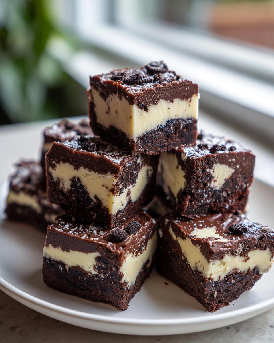 A stack of rich, layered Oreo fudge squares featuring a dark chocolate base, white filling, and chocolate topping.