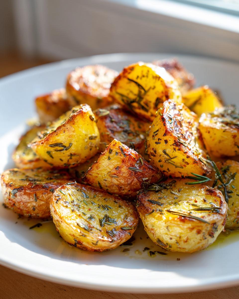 A close-up of golden, crispy oven roasted potatoes seasoned with herbs like rosemary, served on a white plate.