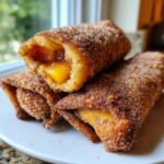 Three crispy peach cobbler egg rolls dusted heavily with cinnamon sugar, one cut open showing the warm peach filling.