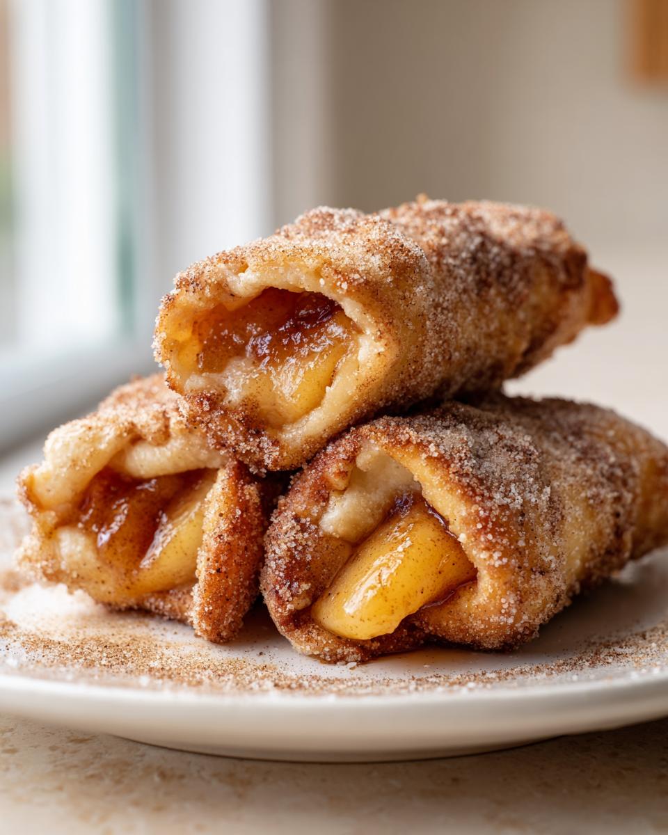Three crispy, fried peach cobbler egg rolls dusted heavily with cinnamon sugar, showing the warm peach filling inside.