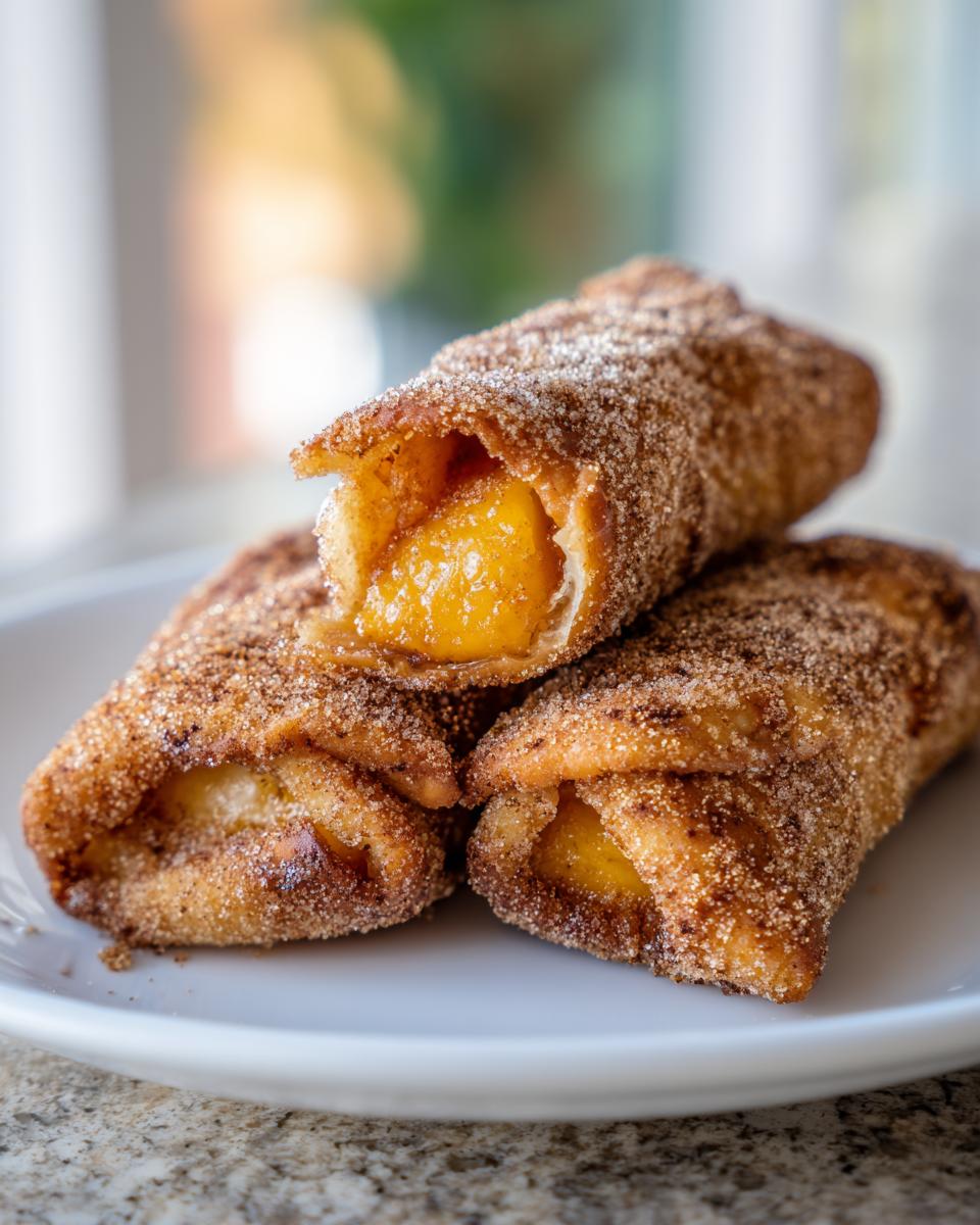 Three crispy, golden-brown peach cobbler egg rolls dusted heavily with cinnamon sugar, piled on a white plate.