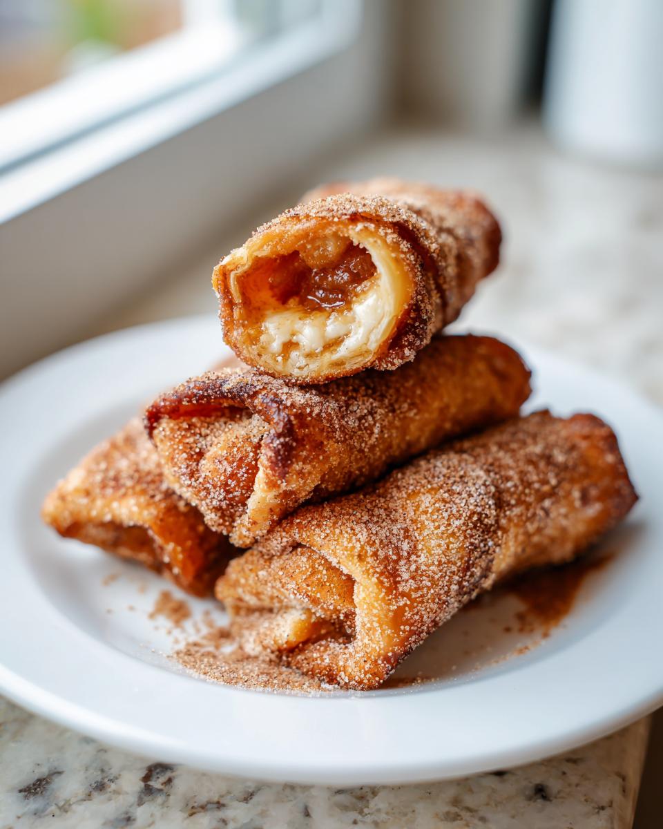 A stack of golden brown peach cobbler egg rolls, heavily coated in cinnamon sugar, with one cut open showing the filling.