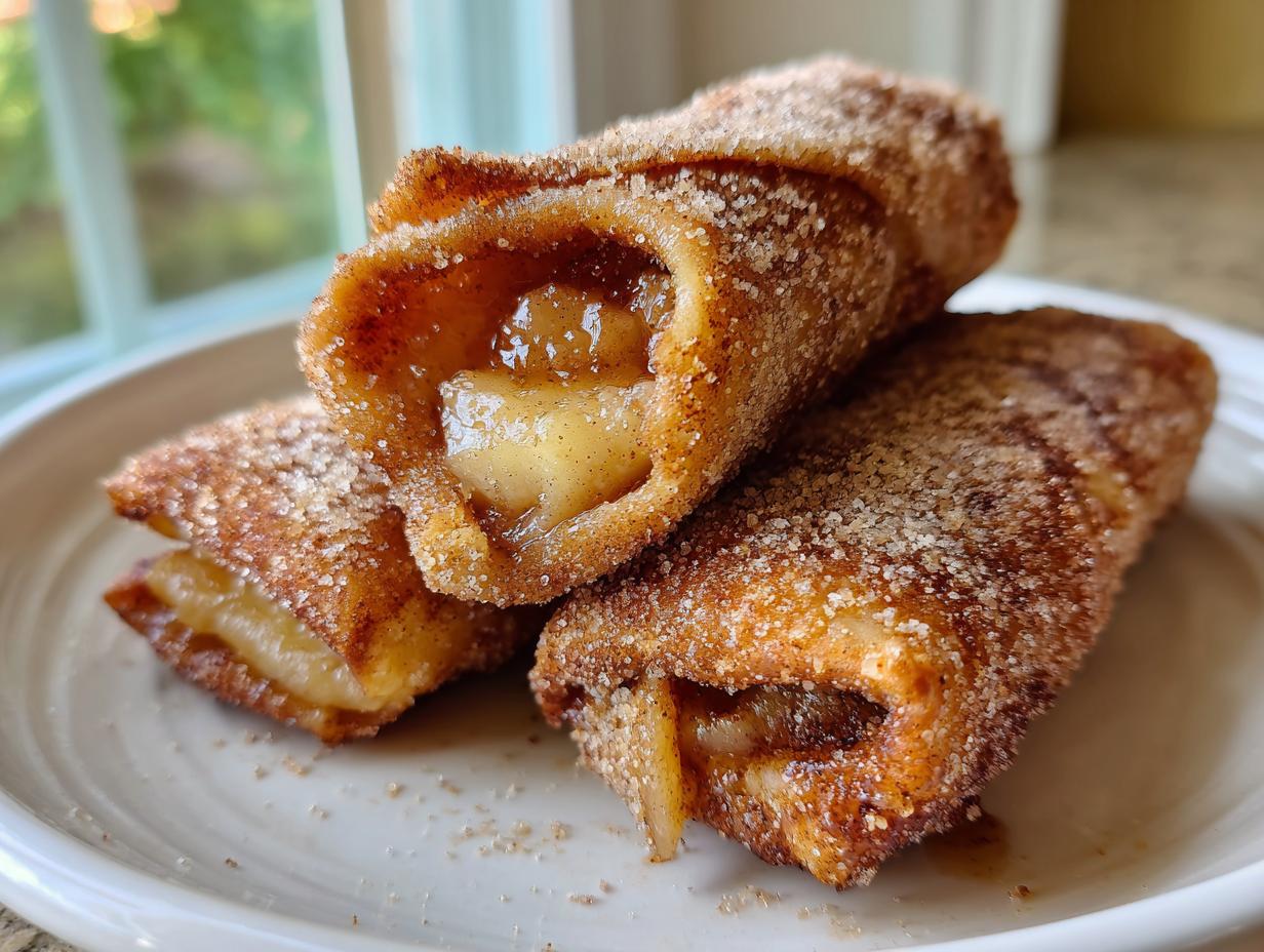 Three golden brown peach cobbler egg rolls dusted heavily with cinnamon sugar, served on a white plate.