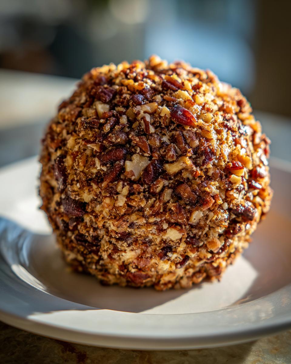 A close-up of a perfectly formed cheese ball recipe coated entirely in chopped pecans and nuts.