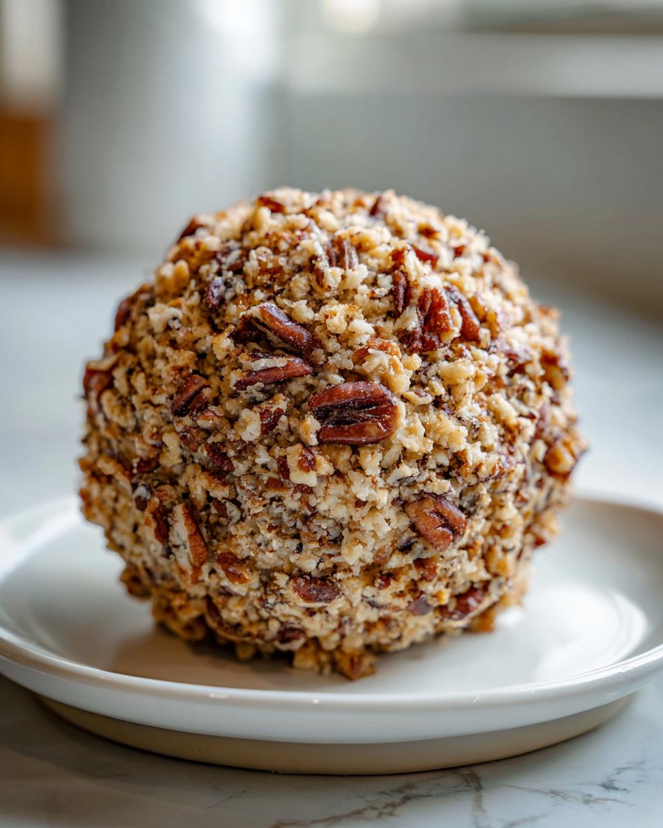 A perfectly formed cheese ball recipe coated entirely in chopped pecans and served on a small white plate.