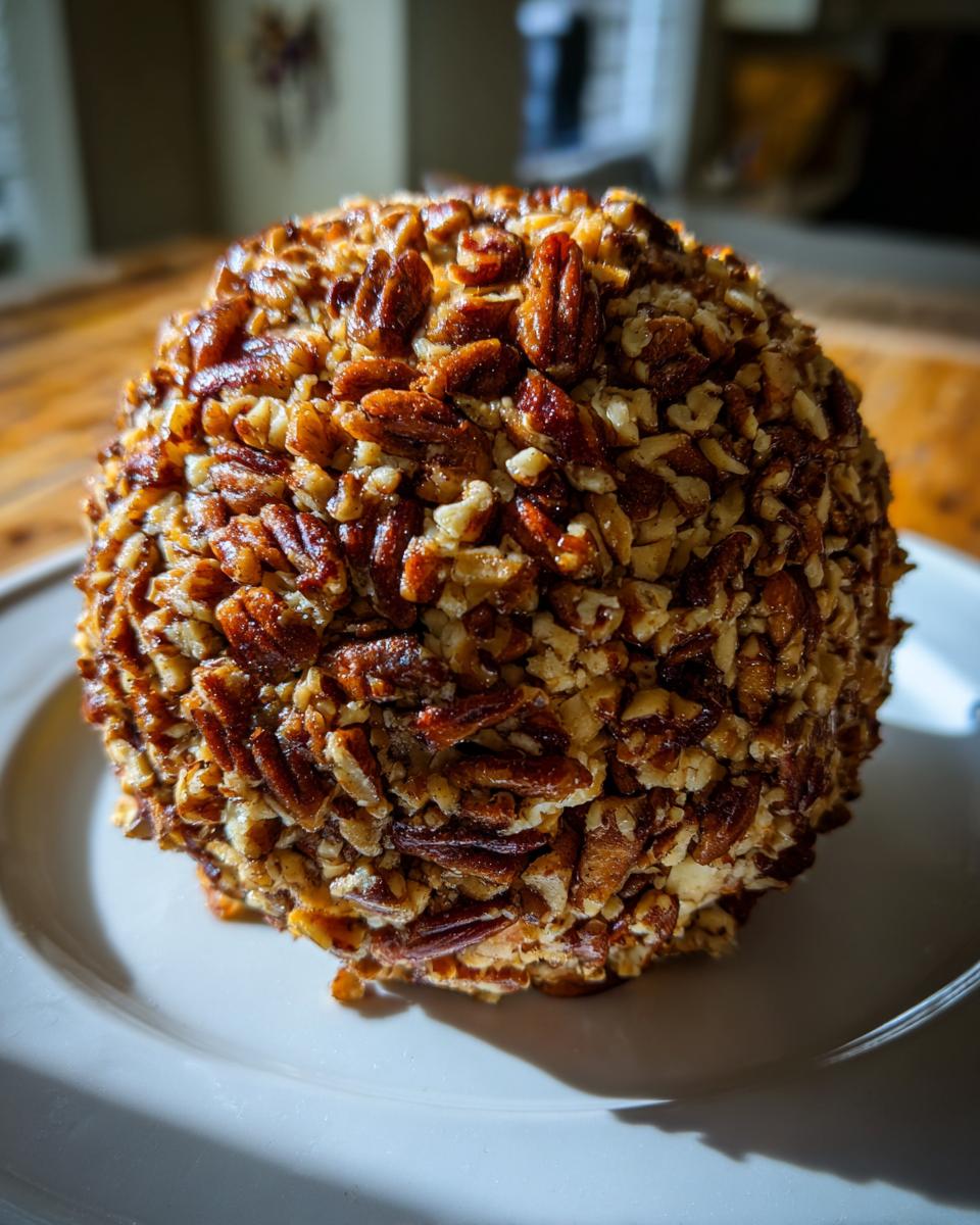 A perfectly shaped cheese ball recipe coated entirely in chopped, toasted pecans, sitting on a white plate.