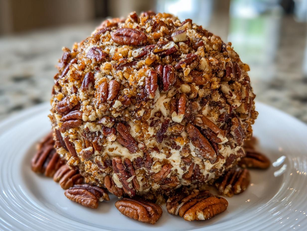A perfectly shaped cheese ball recipe coated entirely in chopped pecans, resting on a white plate.