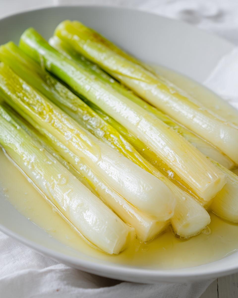 Close-up of tender, glistening braised leeks resting in a pool of buttery liquid on a light gray plate.