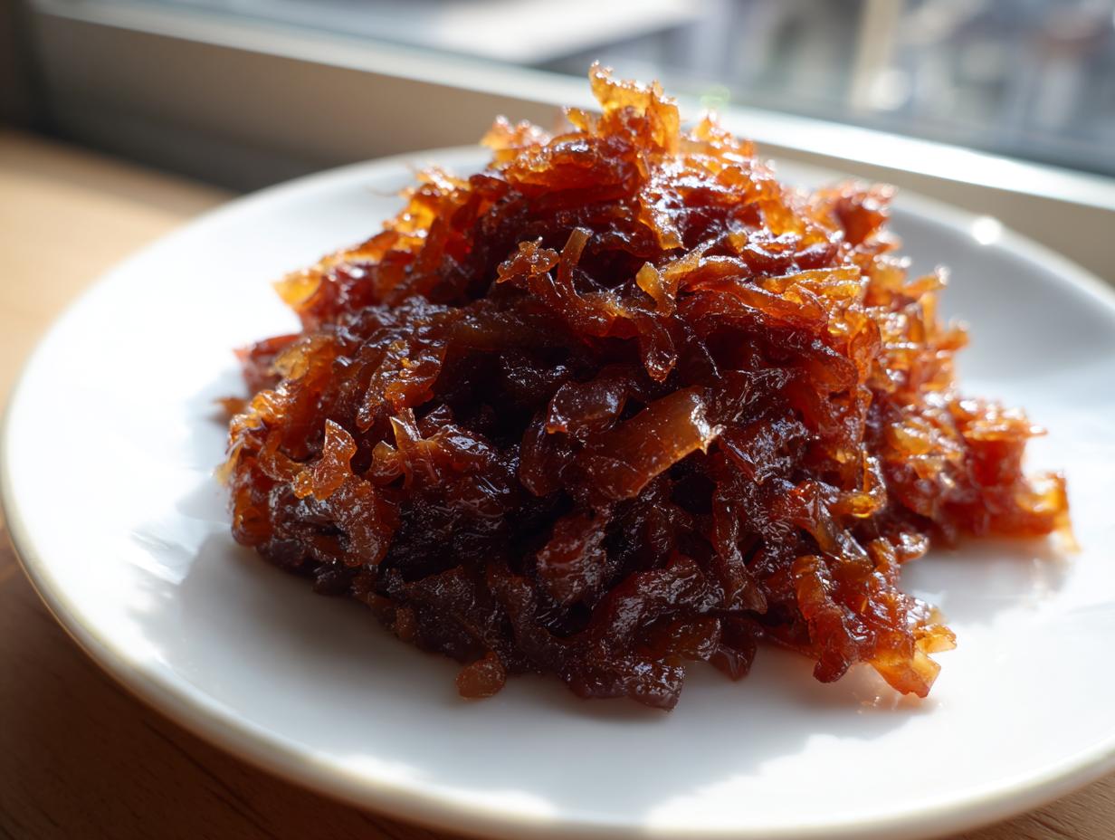 A close-up of a mound of rich, dark brown caramelized onions piled high on a small white plate.