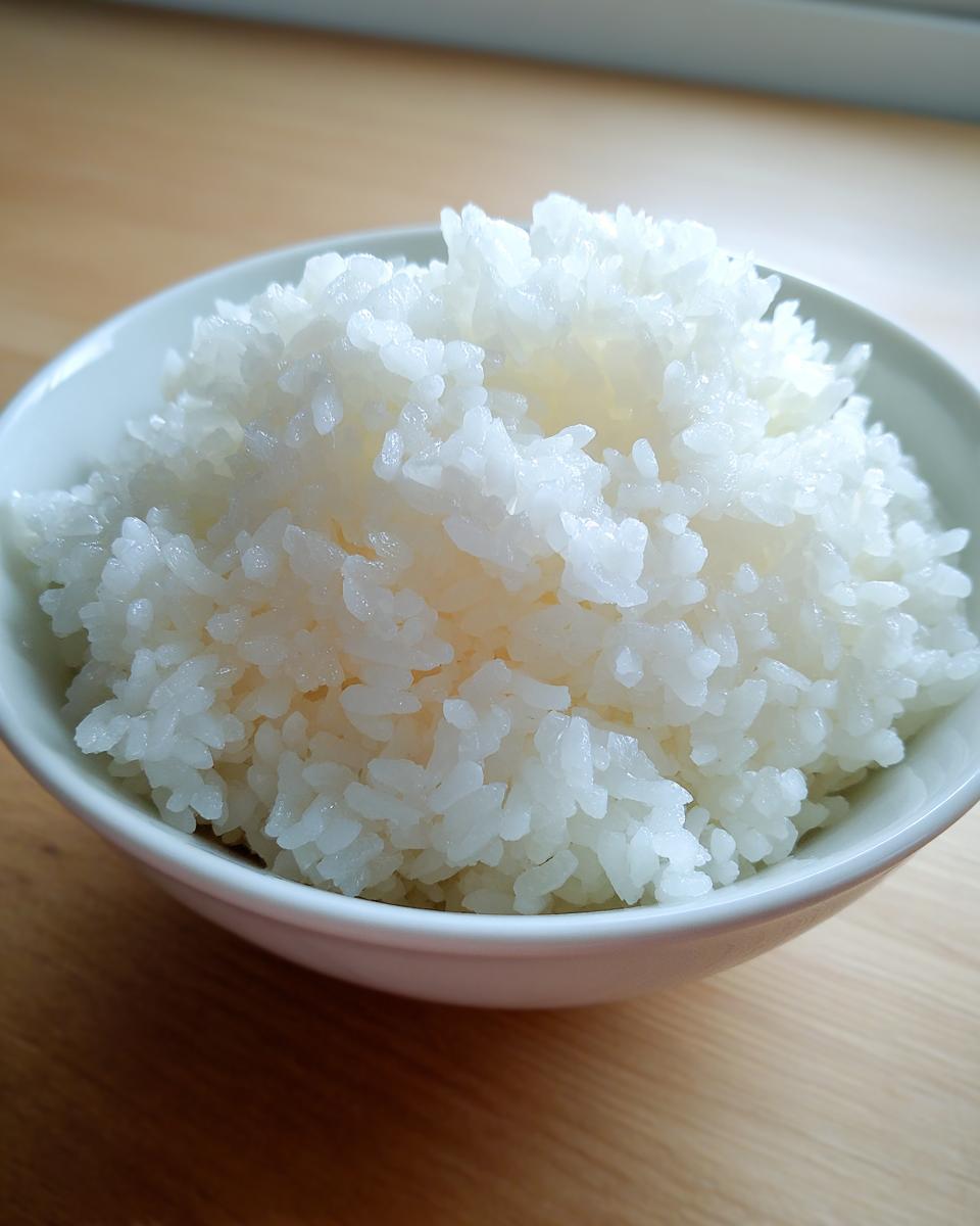 Close-up of fluffy, perfectly cooked sushi rice mounded high in a small white bowl on a wooden surface.