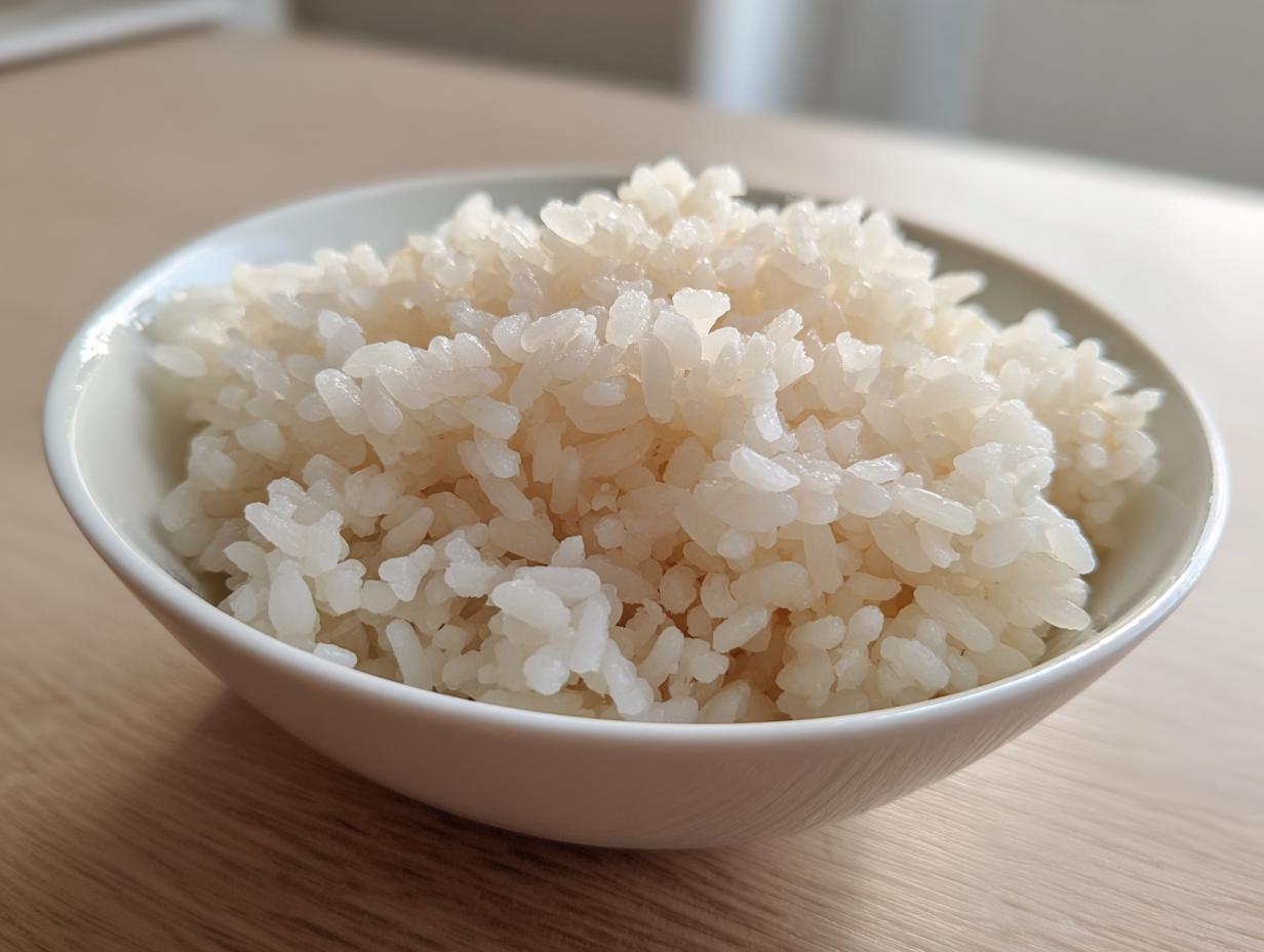 Close-up of perfectly cooked, slightly glossy sushi rice piled high in a small white bowl on a wooden surface.