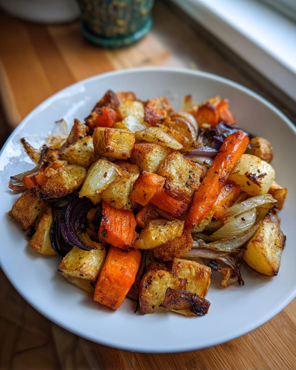 A white bowl filled with colorful, caramelized roasted vegetables, including carrots, potatoes, and red onion.