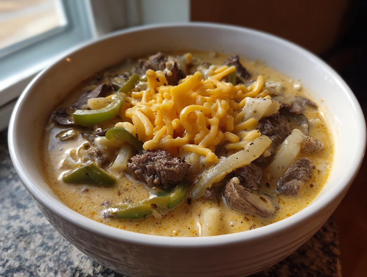 A close-up of a white bowl filled with creamy philly cheese steak soup, topped with shredded cheddar cheese, beef, onions, and green peppers.