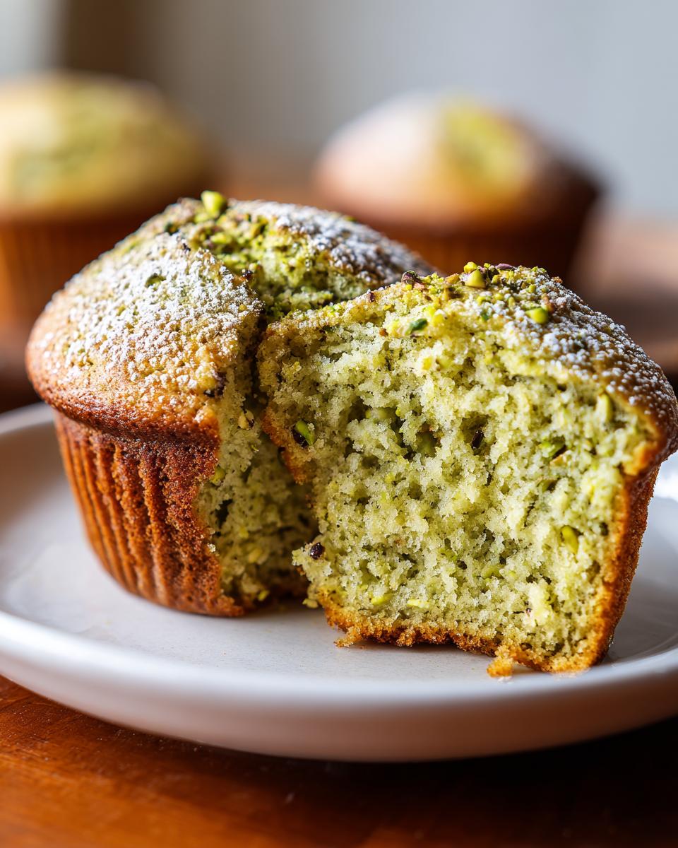 A pistachio muffin cut in half showing its moist, green interior, dusted with powdered sugar and chopped pistachios.