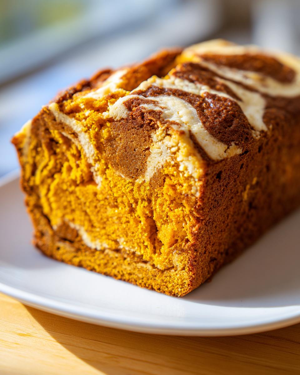 Close-up of a freshly baked pumpkin cream cheese bread loaf showing vibrant orange crumb and cream cheese swirls.