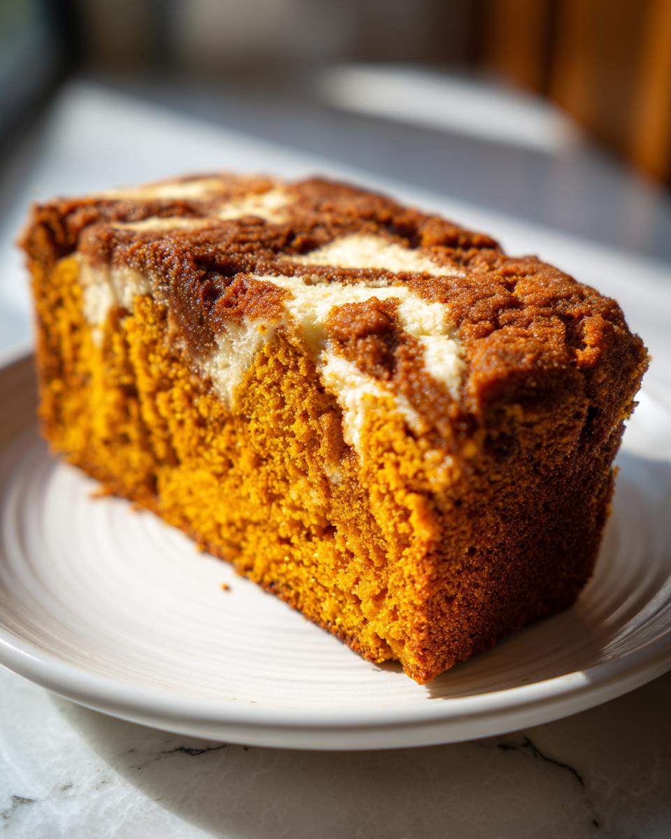 Close-up of a thick slice of vibrant orange pumpkin cream cheese bread showing a marbled cream cheese swirl on top.