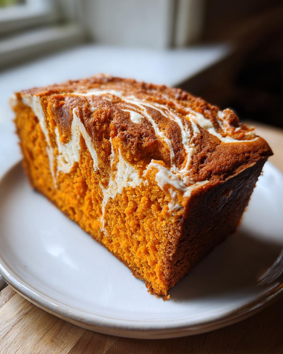 A close-up of a moist slice of bright orange pumpkin cream cheese bread with a white cream cheese swirl topping.