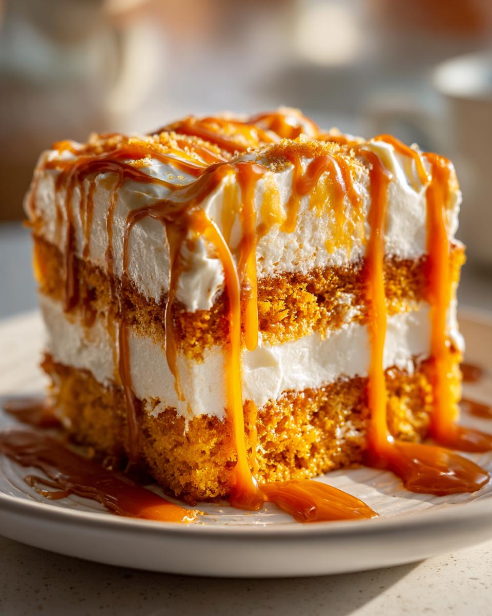 Close-up of a moist slice of pumpkin poke cake layered with white frosting and drizzled heavily with caramel sauce.