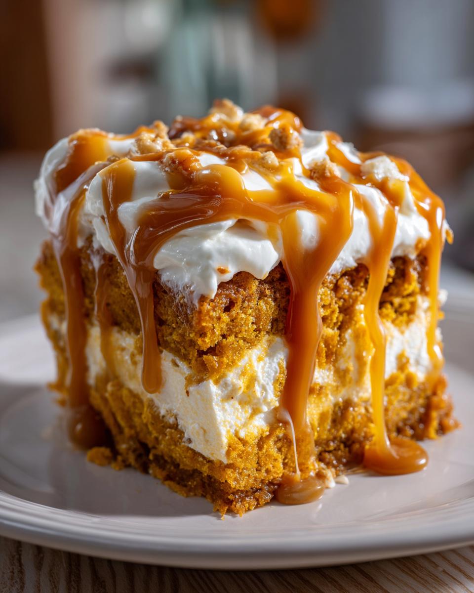 Close-up of a decadent slice of pumpkin poke cake layered with cream filling, topped with whipped cream, caramel sauce, and nuts.