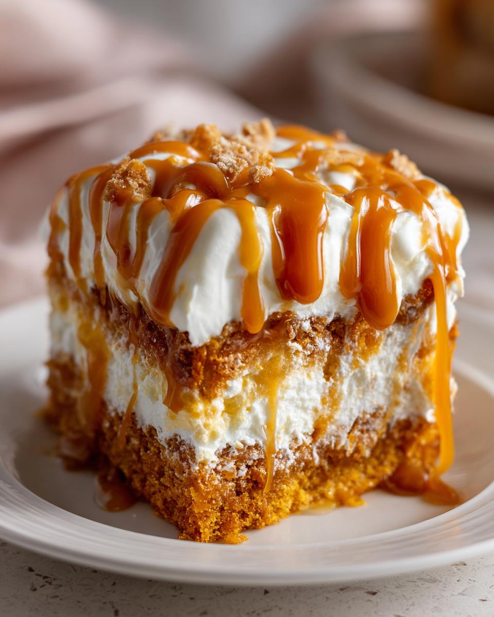 A decadent slice of pumpkin poke cake layered with cream filling, topped with whipped cream, caramel sauce, and crumbs.
