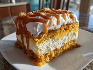 A decadent slice of pumpkin poke cake layered with cream and drizzled heavily with caramel sauce.
