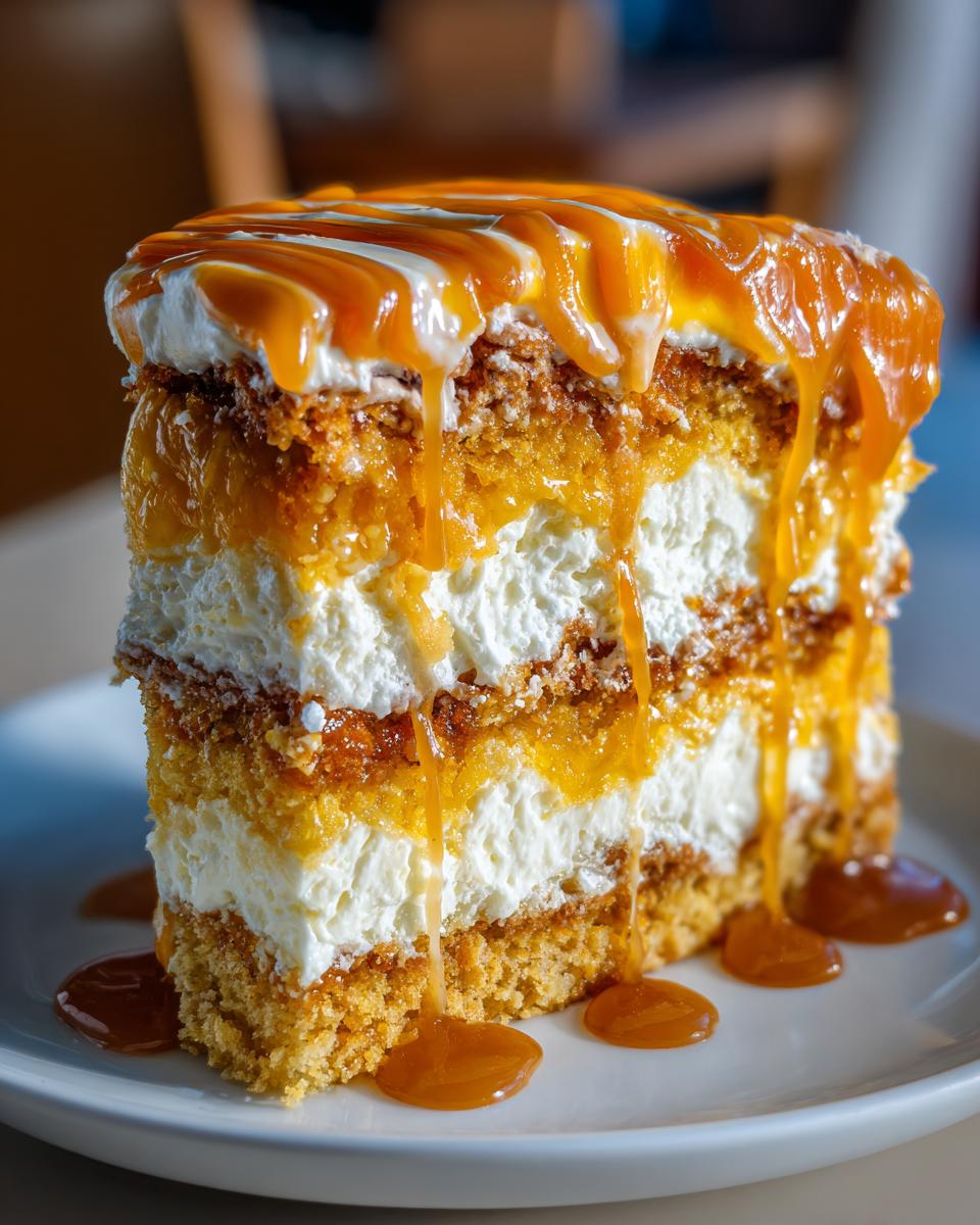 A tall, layered slice of pumpkin poke cake with white frosting and dripping caramel sauce on a white plate.