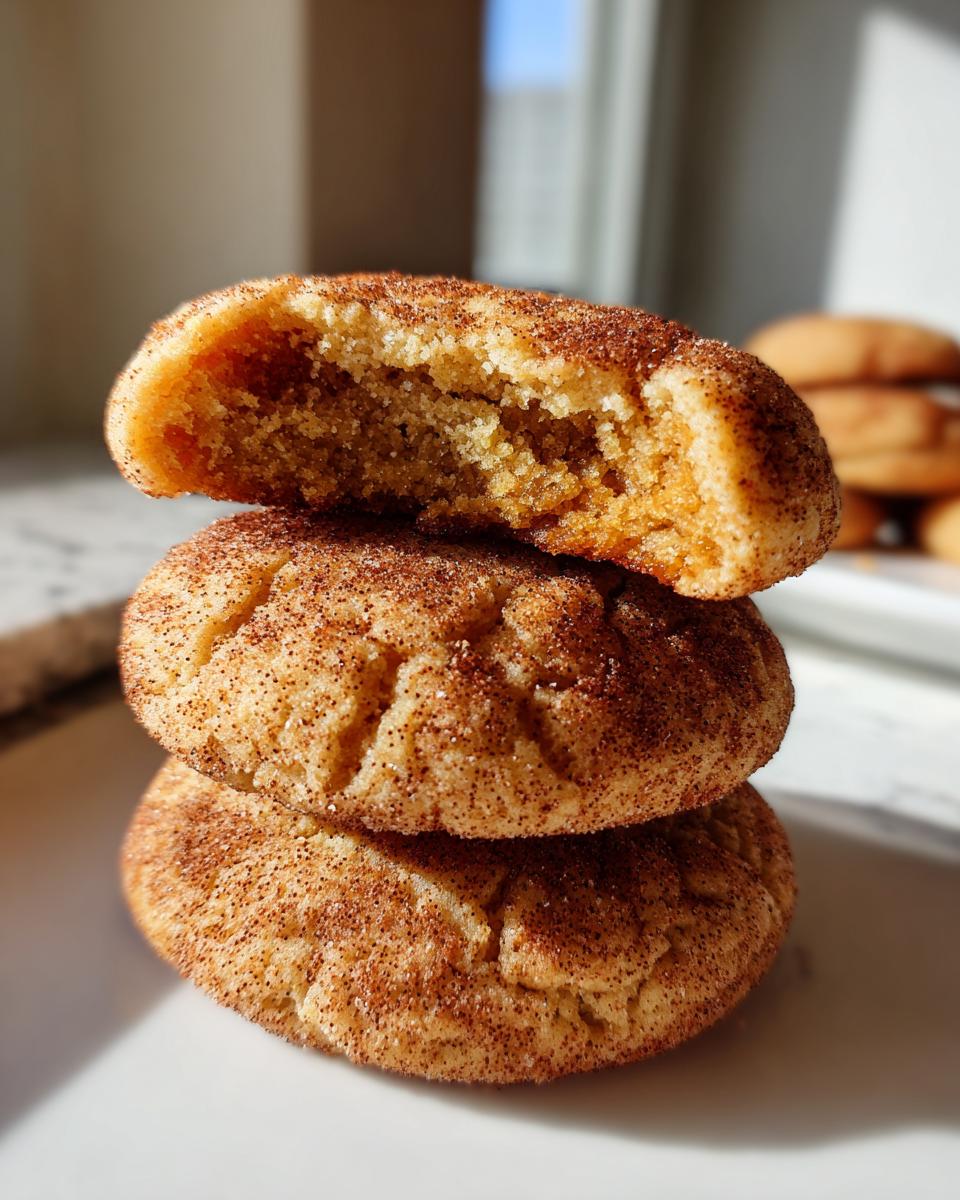 A stack of three soft pumpkin snickerdoodle cookies, with the top one broken open to show the chewy interior.