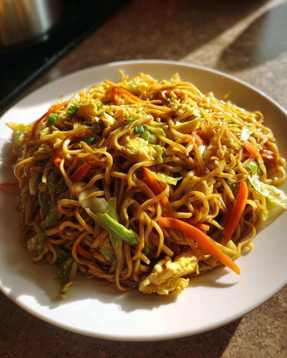 A plate piled high with golden brown fried noodles mixed with scrambled egg pieces, bright orange carrots, and green cabbage.
