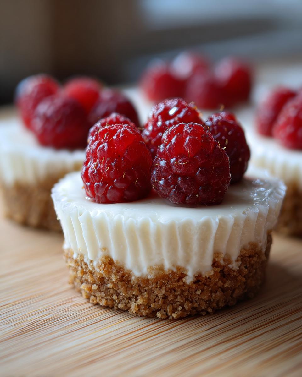 A close-up of a single, perfect mini cheesecake topped with fresh raspberries on a wooden surface.