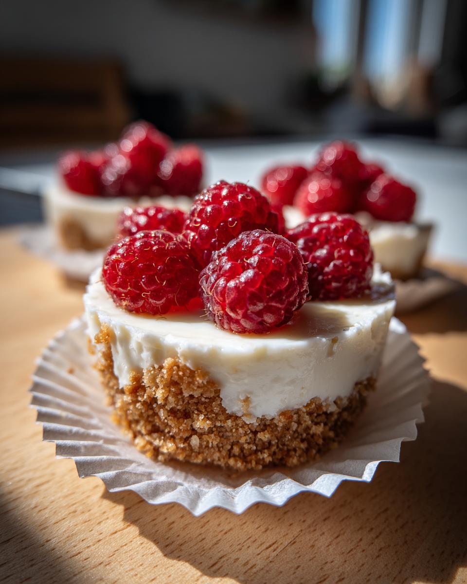 Close-up of a single raspberry mini cheesecake with a graham cracker crust, topped with fresh raspberries.