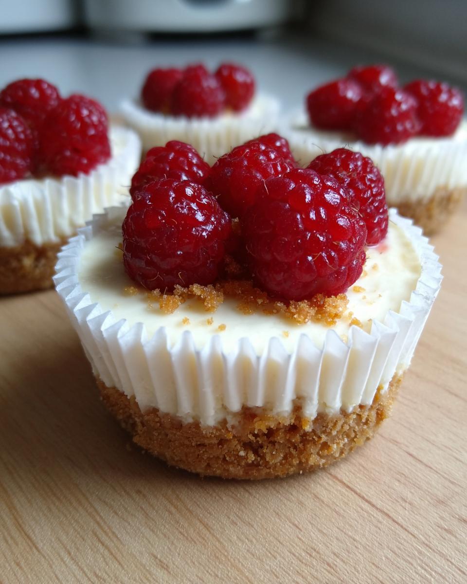 A close-up of a single raspberry mini cheesecake in a white paper liner, topped with fresh raspberries and crumbs.