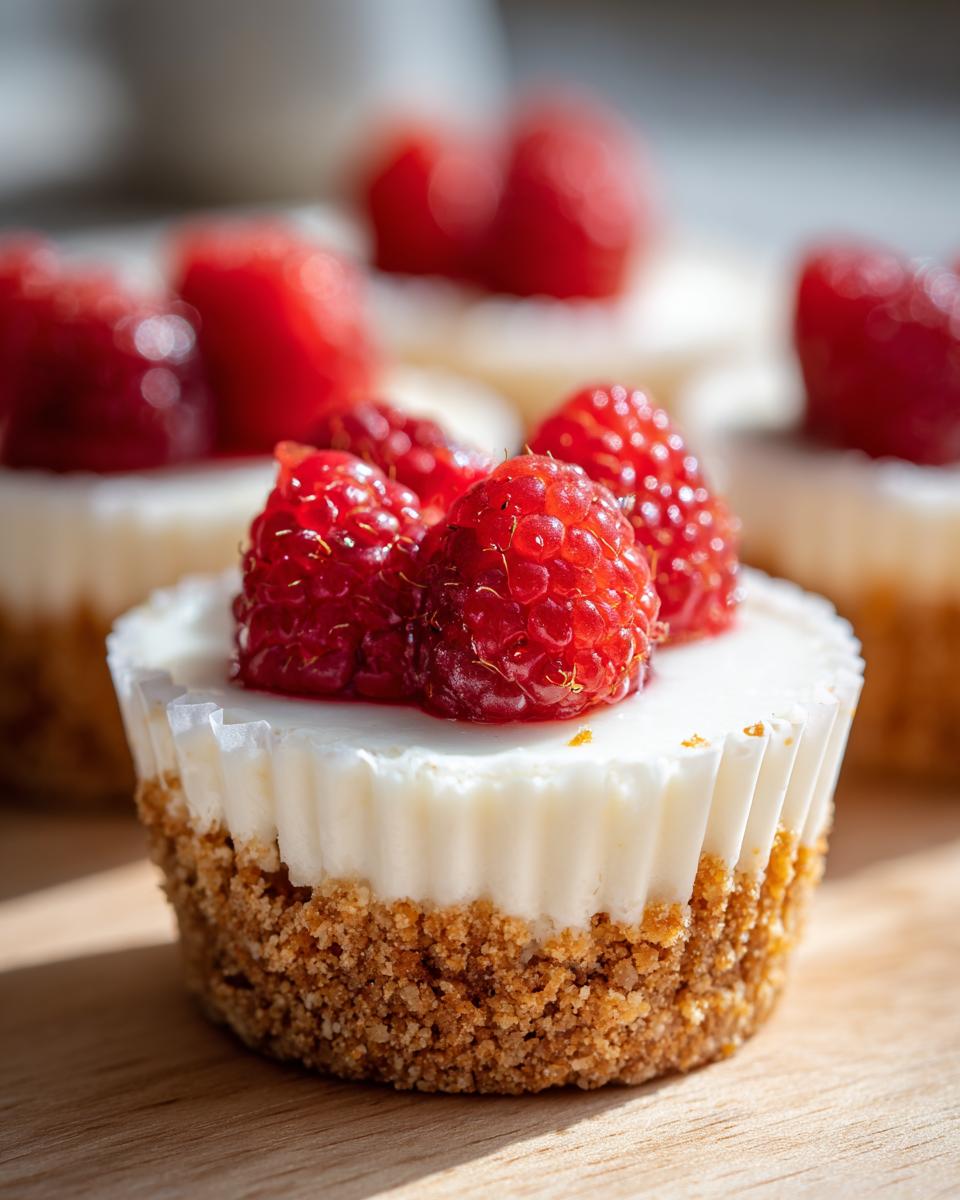 A close-up of a single, delicious mini cheesecake topped with fresh raspberries, sitting on a wooden surface.