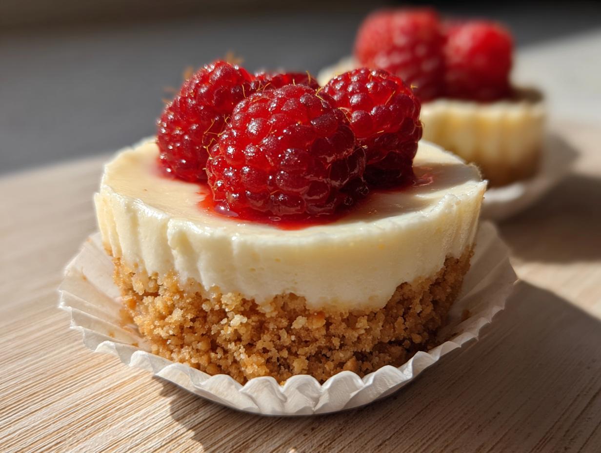 A close-up of a single, perfectly formed mini cheesecake topped with fresh raspberries and sauce.