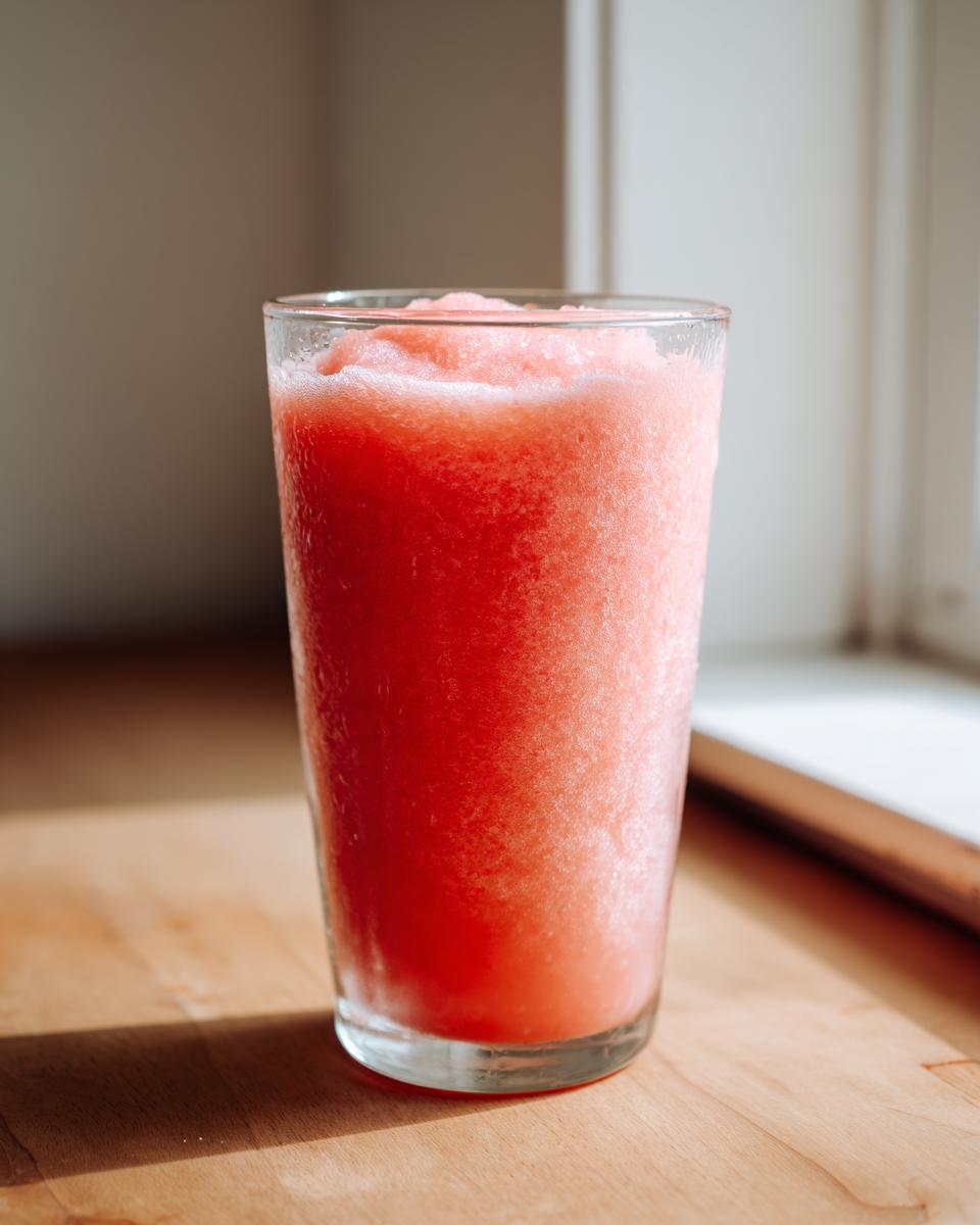 A tall glass filled with a bright red, icy watermelon smoothie sitting on a wooden surface.