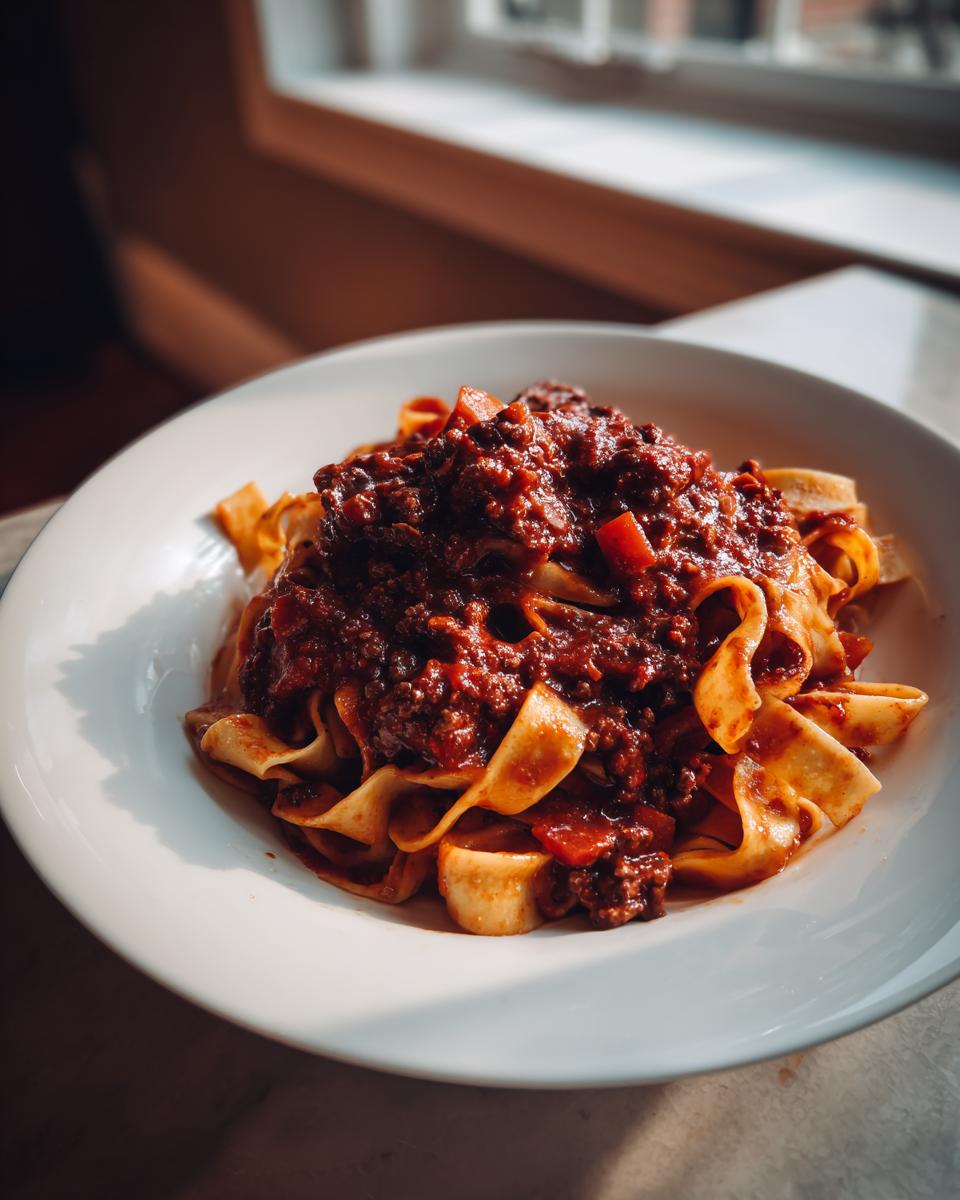 A close-up of rich, meaty bolognese sauce generously spooned over wide pappardelle pasta in a white bowl.
